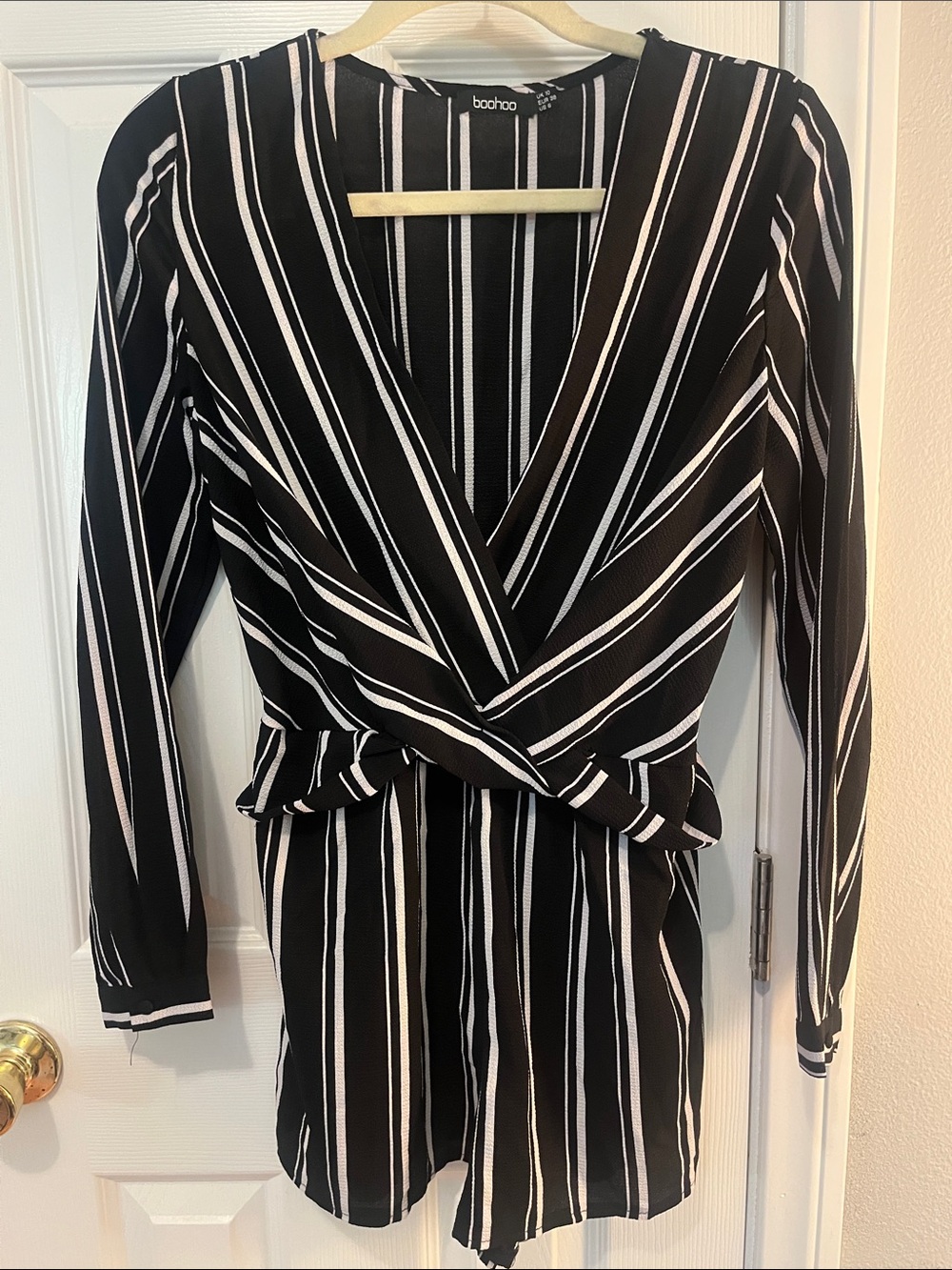 Boohoo Black and White Striped Long Sleeve Wrap Romper